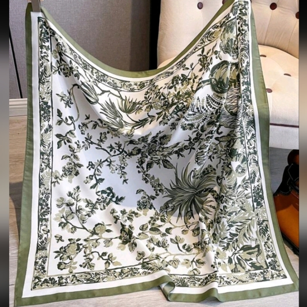 Floral Green and White Botanical Leaves Spring Summer Silk Feeling Scarf Large
